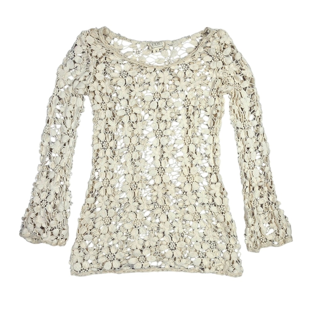 LA Hearts Ivory Floral Crochet Long Sleeve Top Boho Festival Cream Medium